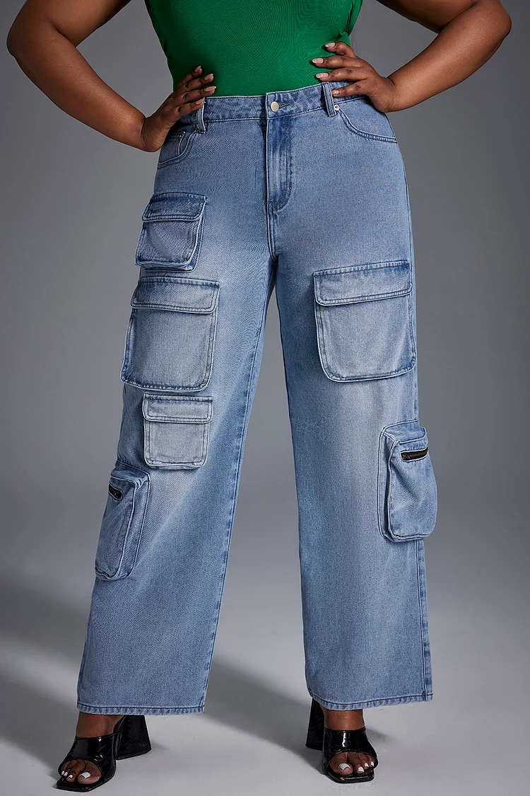 Xpluswear Design Plus Size Daily Jean Light Blue Hight Waist Denim Straight Leg Cargo Jean [Pre-Order]