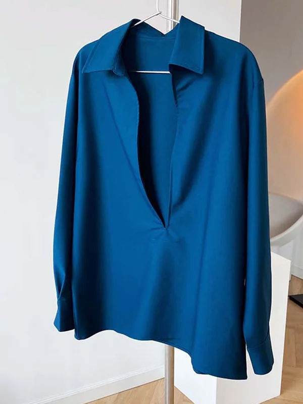Solid Color Loose Long Sleeves V-Neck Blouses
