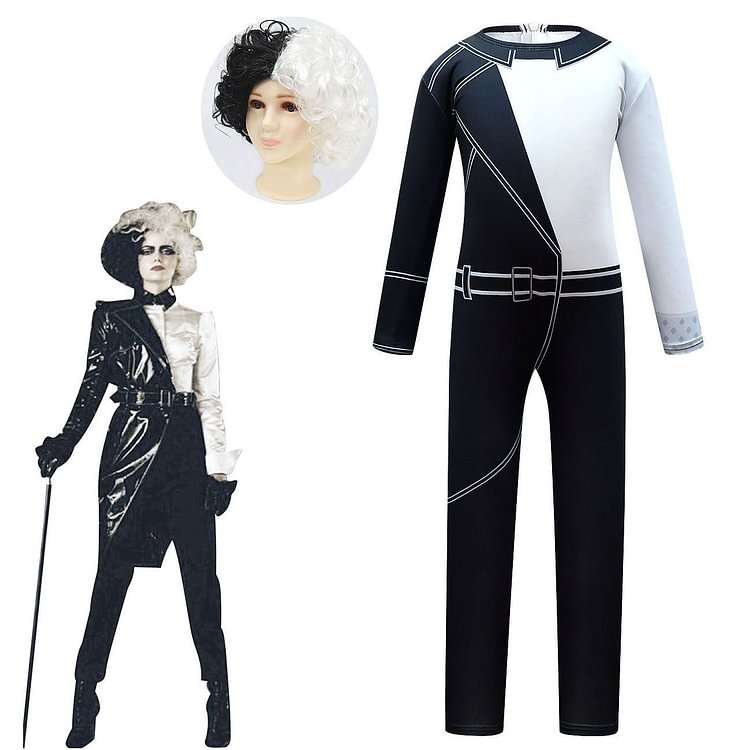 Mayoulove Cruella Witch Costume with Wig Boys Girls Bodysuit Halloween Fancy Jumpsuits-Mayoulove
