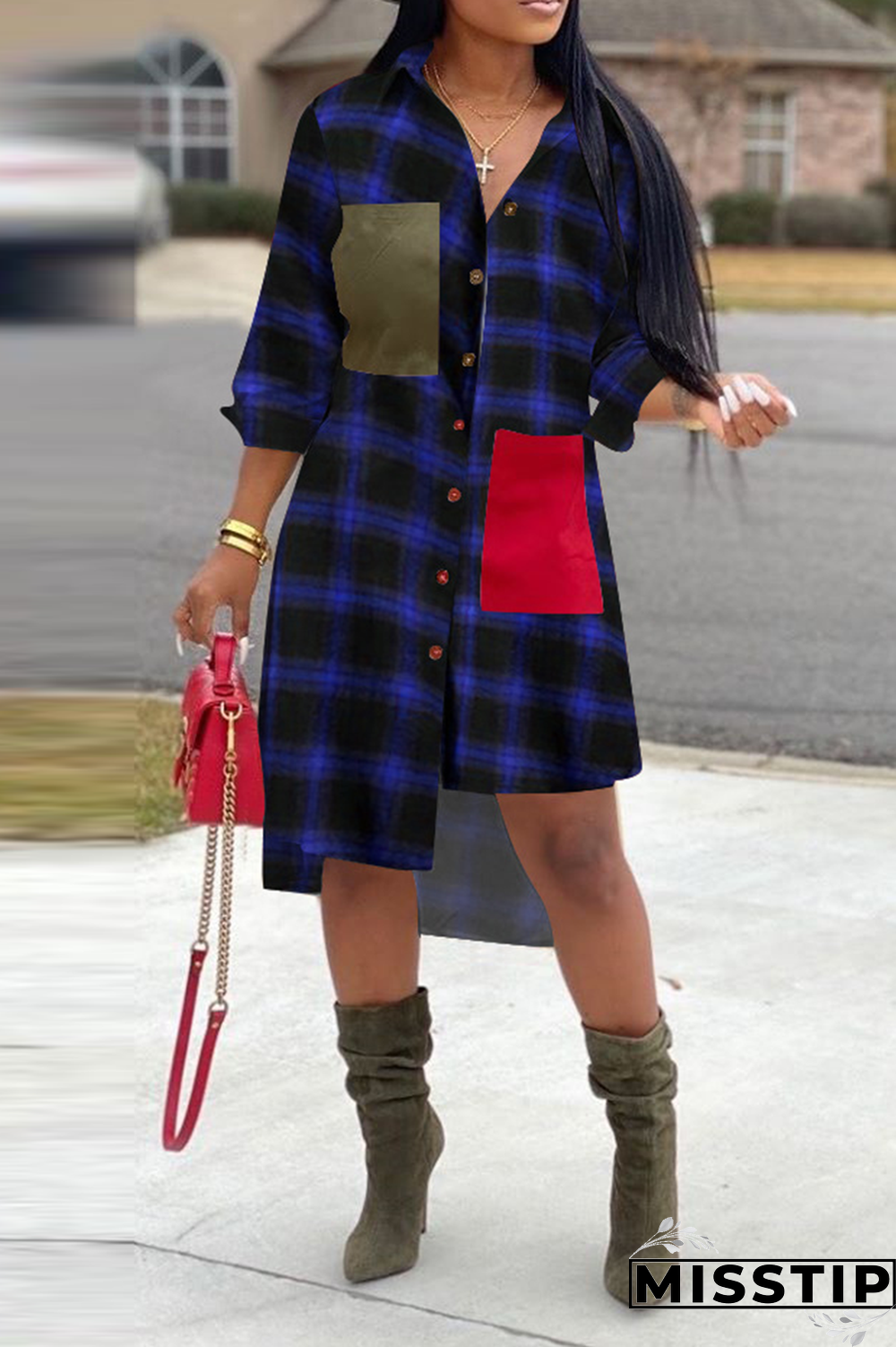 Blue Casual Plaid Patchwork Turndown Collar Shirt Dress Dresses