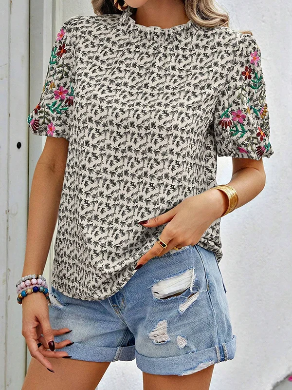 Elasticity Embroidered Flower Print Pleated Split-Joint Loose Short Sleeves Mock Neck T-Shirts Tops