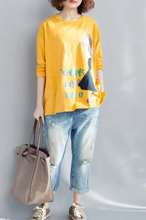 Elegant Yellow Cotton Linen Tops Women Plus Size Wardrobes Neck Long Sleeve Loose Spring