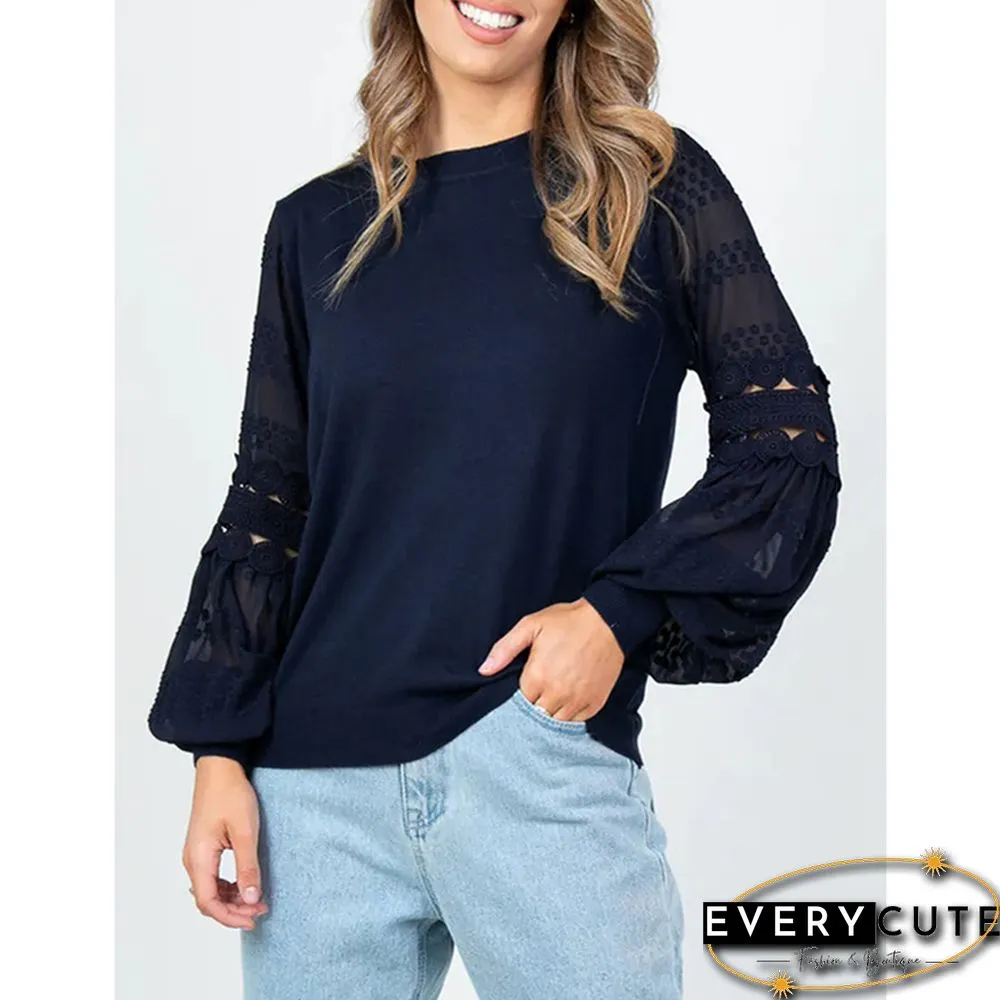 Navy Blue Splicing Hollow-out Lantern Sleeve Tops