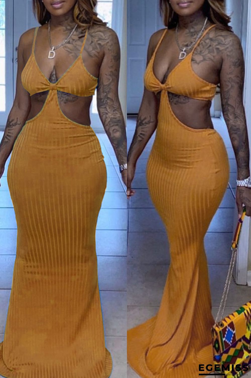 Yellow Fashion Sexy Solid Hollowed Out Backless V Neck Sling Dress | EGEMISS