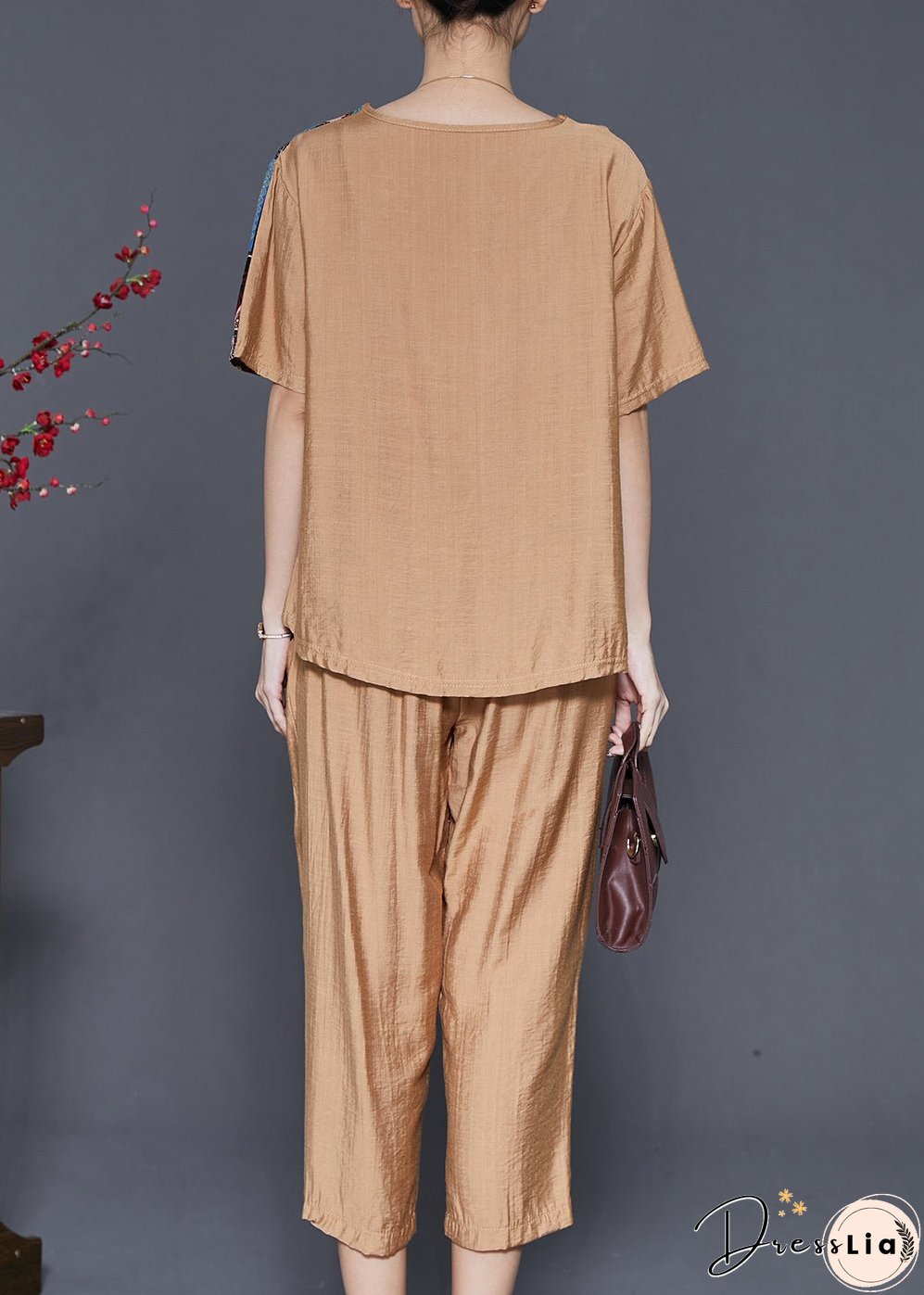 Khaki Patchwork Cotton 2 Piece Outfit Asymmetrical Summer