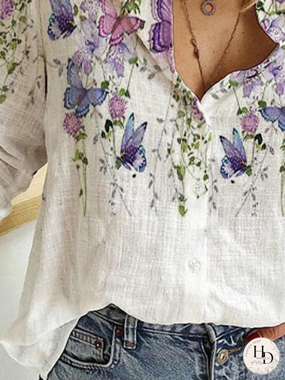 Printed Shirt Collar Long Sleeve Casual Blouse
