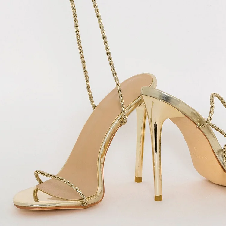 Gold Strappy Sandals Stiletto Heel Open Toe Sandals |FSJ Shoes
