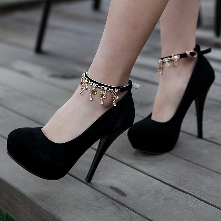 Black Suede Embellished Ankle Strap Heels Platform Pumps US Size  3-15|FSJshoes