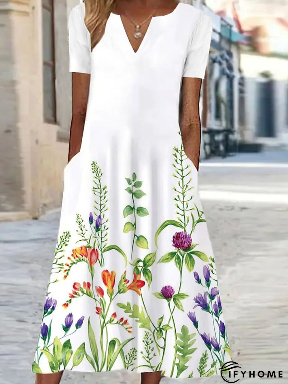 Women's Casual Dress Shift Dress Swing Dress Floral Butterfly Pocket Print V Neck Midi Dress Active Fashion Outdoor Vacation Short Sleeve Regular Fit White Blue Green Spring Summer S M L XL XXL | IFYHOME