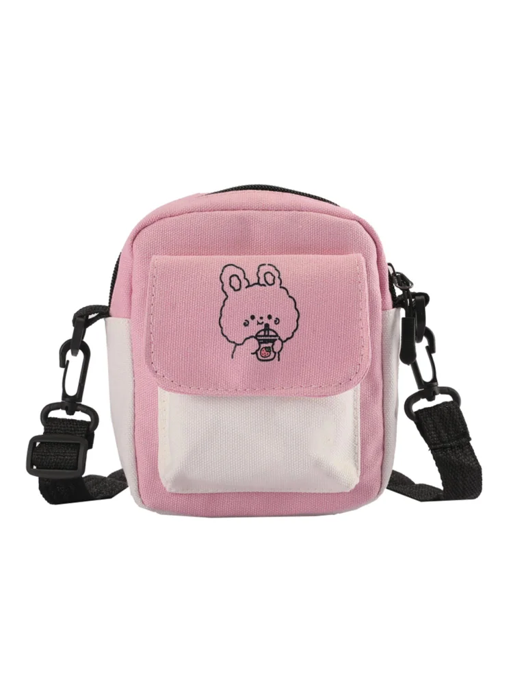 Fashion Women Hit Color Canvas Messenger Bag Cartoon Print Purse (Pink)