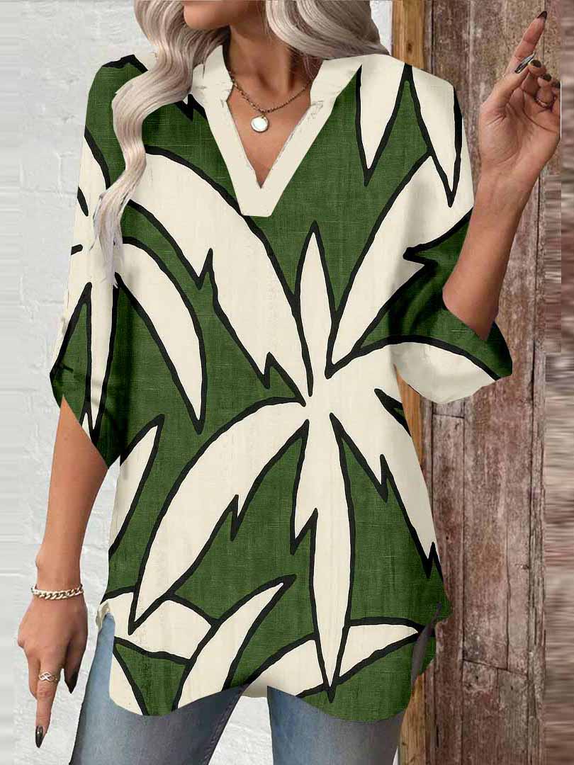 Women Tropical Green DZGA0277 3/4 Sleeve V-neck Printed Graphic Button Tops