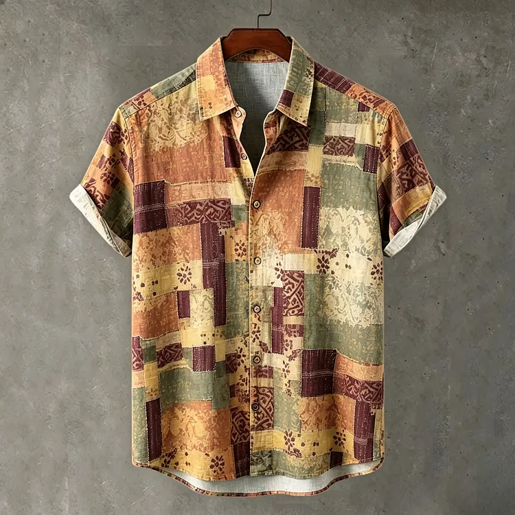 Men's Retro Geometric Art Print Linen Blend Shirt