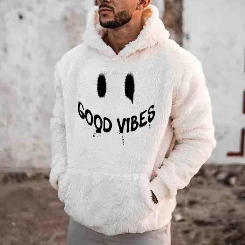 Men's Plush Thick Warm Pattern Embroidered Hooded Hoodie