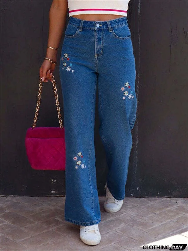 Women's Retro Floral Embroidery High Rise Straight Leg Denim Pants