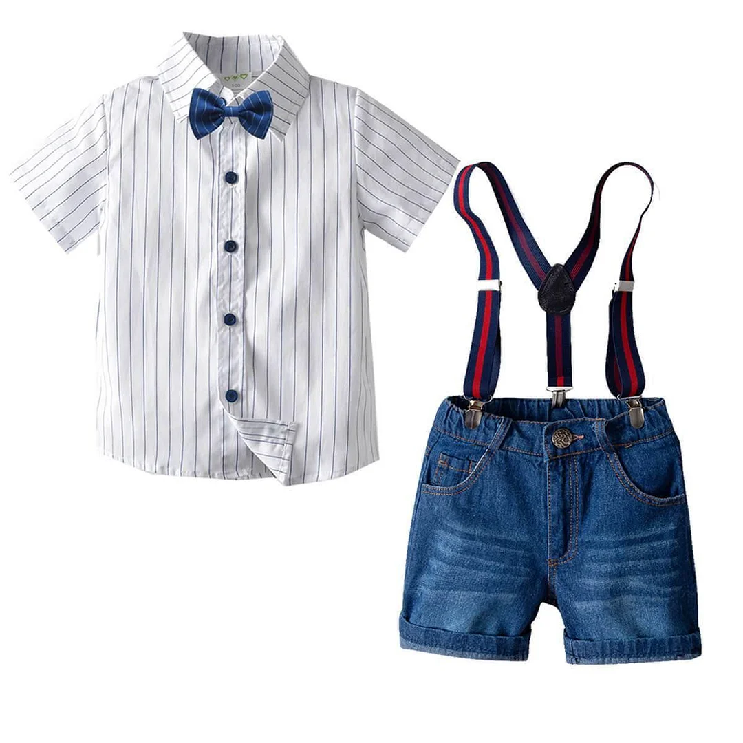 Buzzdaisy Baby Boys Short Sleeve Shirt With Bowtie Suspender Short Jeans Suits
