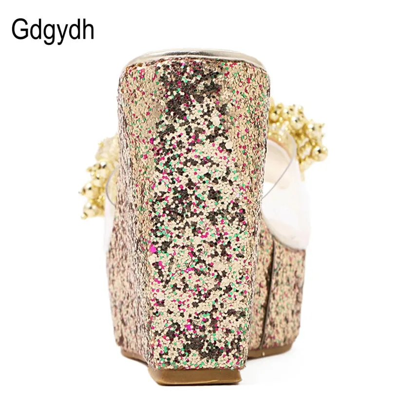 Gdgydh Rhinestone Wedges Sandals Women 2021 New Summer Sexy Trifle Slides Casual Beading Open Toe Female Sandals Platform Shoes