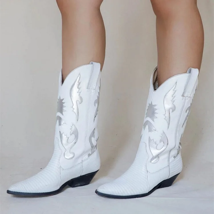 White Pointed Toe Cowgirl Boots Chunky Heel Mid-Calf Boots |FSJ Shoes