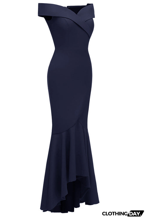 Dark Navy Off-the-shoulder Ruffled Prom Dress