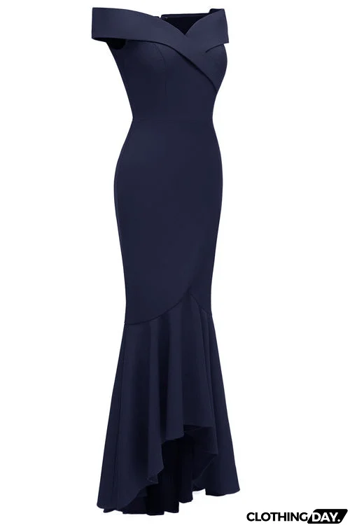Dark Navy Off-the-shoulder Ruffled Prom Dress