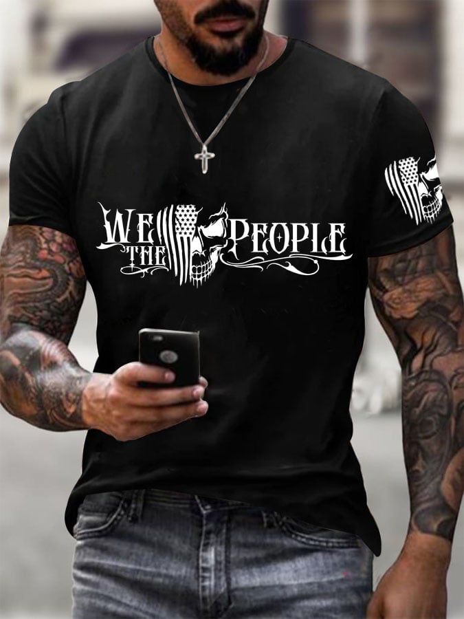 Men's Vintage We The People Skull Flag Printed Round Neck T-Shirt