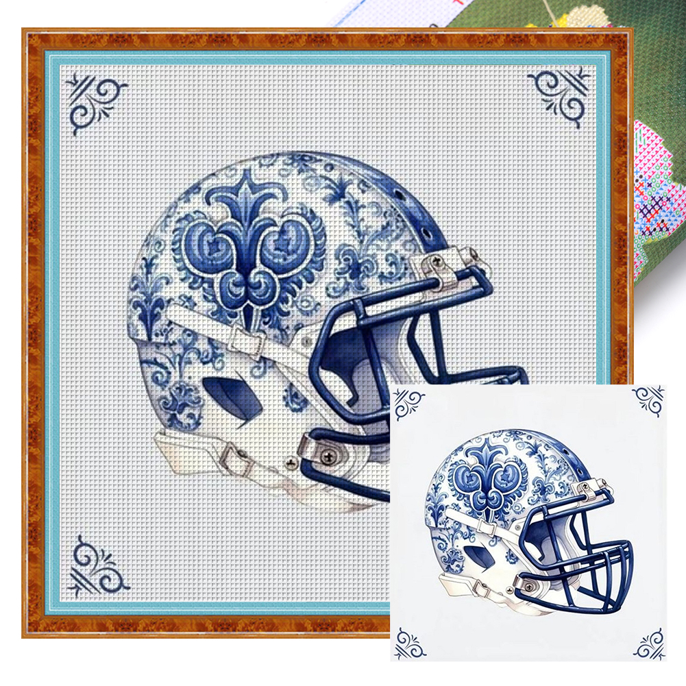Blue And White Porcelain-Football Cap Full 11CT Pre-stamped Canvas(40*40cm) Cross Stitch