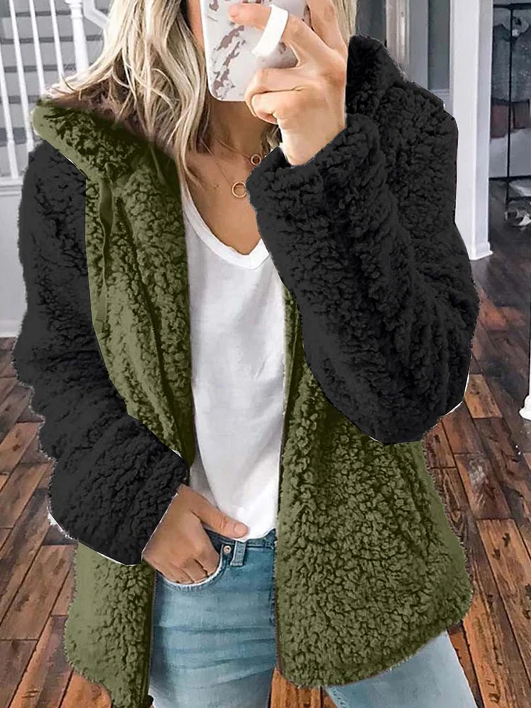 Colorblock Plush Casual Hooded Coats