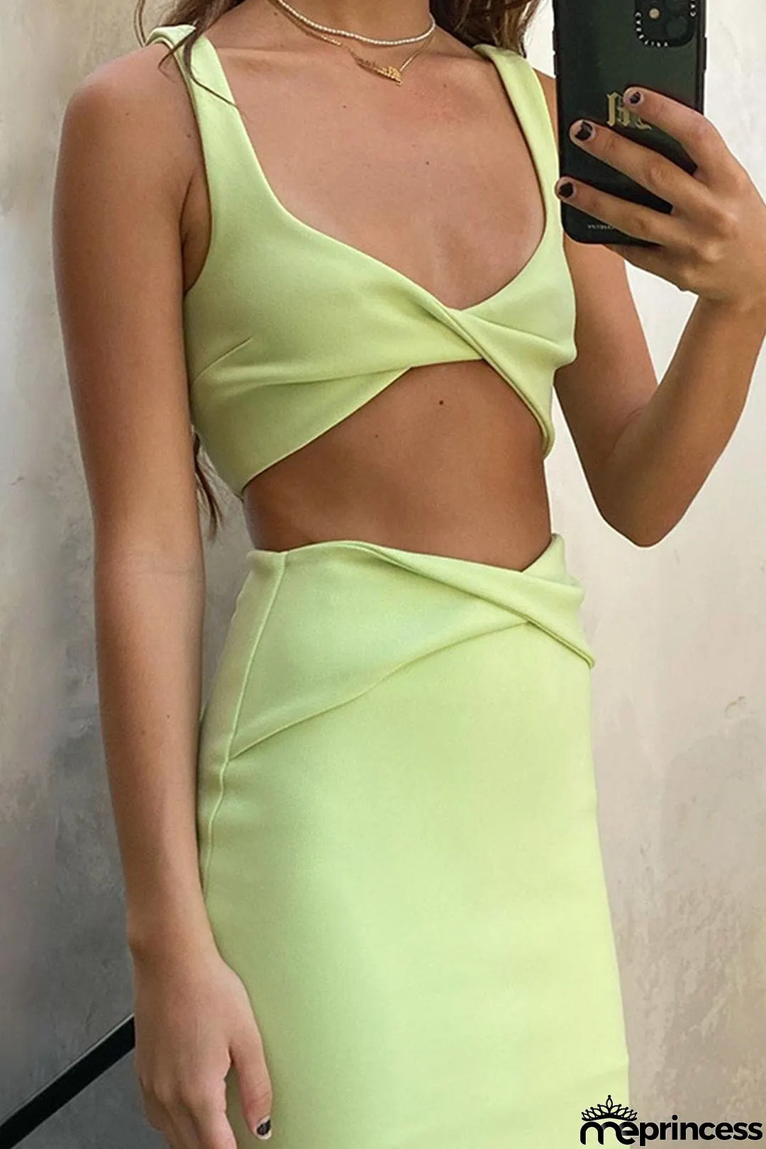 Twisted Front Crop Top High Waist Slit Skirt Suits