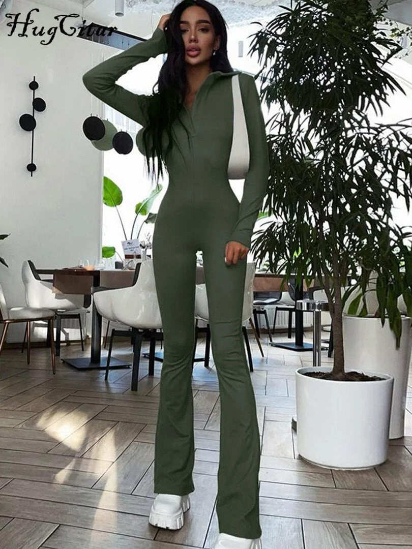 Hugcitar Pure Color Polo Neck High Waist Flare Leggings Jumpsuit 2021 Autumn Women Stretch Sexy Streetwear Casual