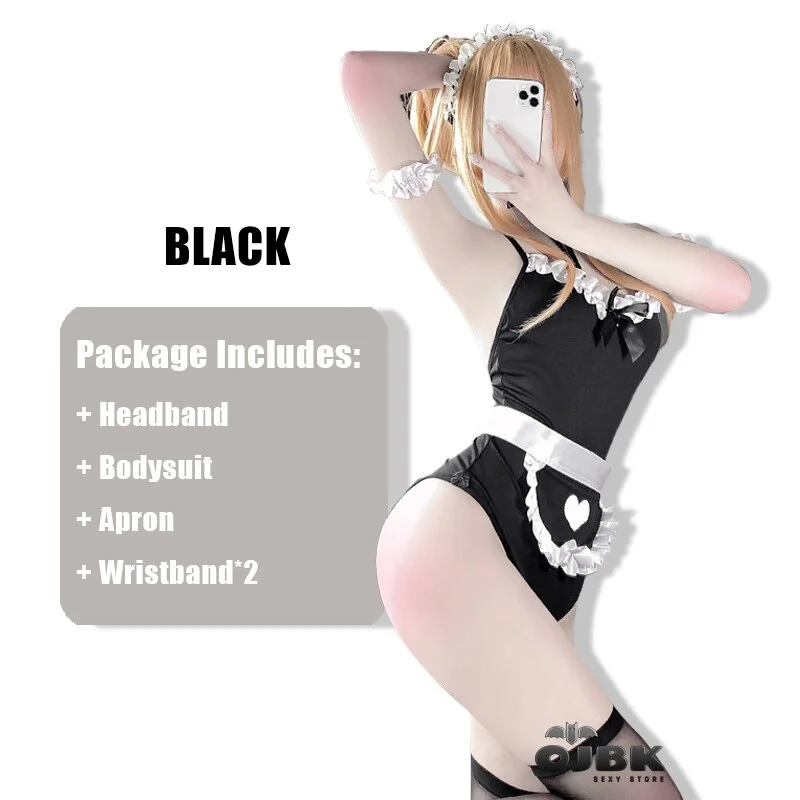 Billionm OJBK Women Sexy Lingerie Maid Cosplay Outfit Hidden Button With Sexy Lace Apron One-Piece Bodysuit