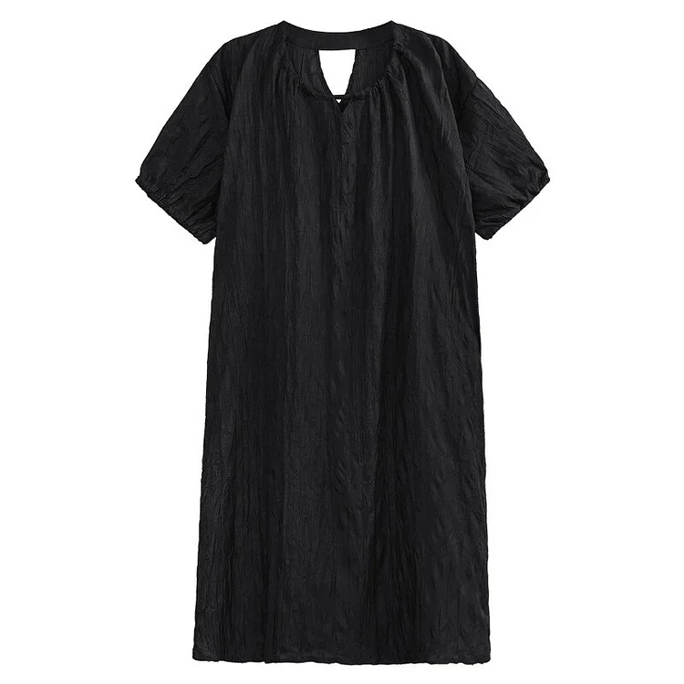 Temperament Loose Round Neck Folds Back Hollow Out Short Sleeve Dress     