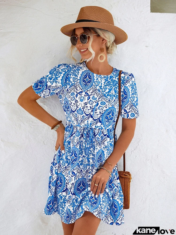 Printed Round Neck Puff Sleeve Mini Dress