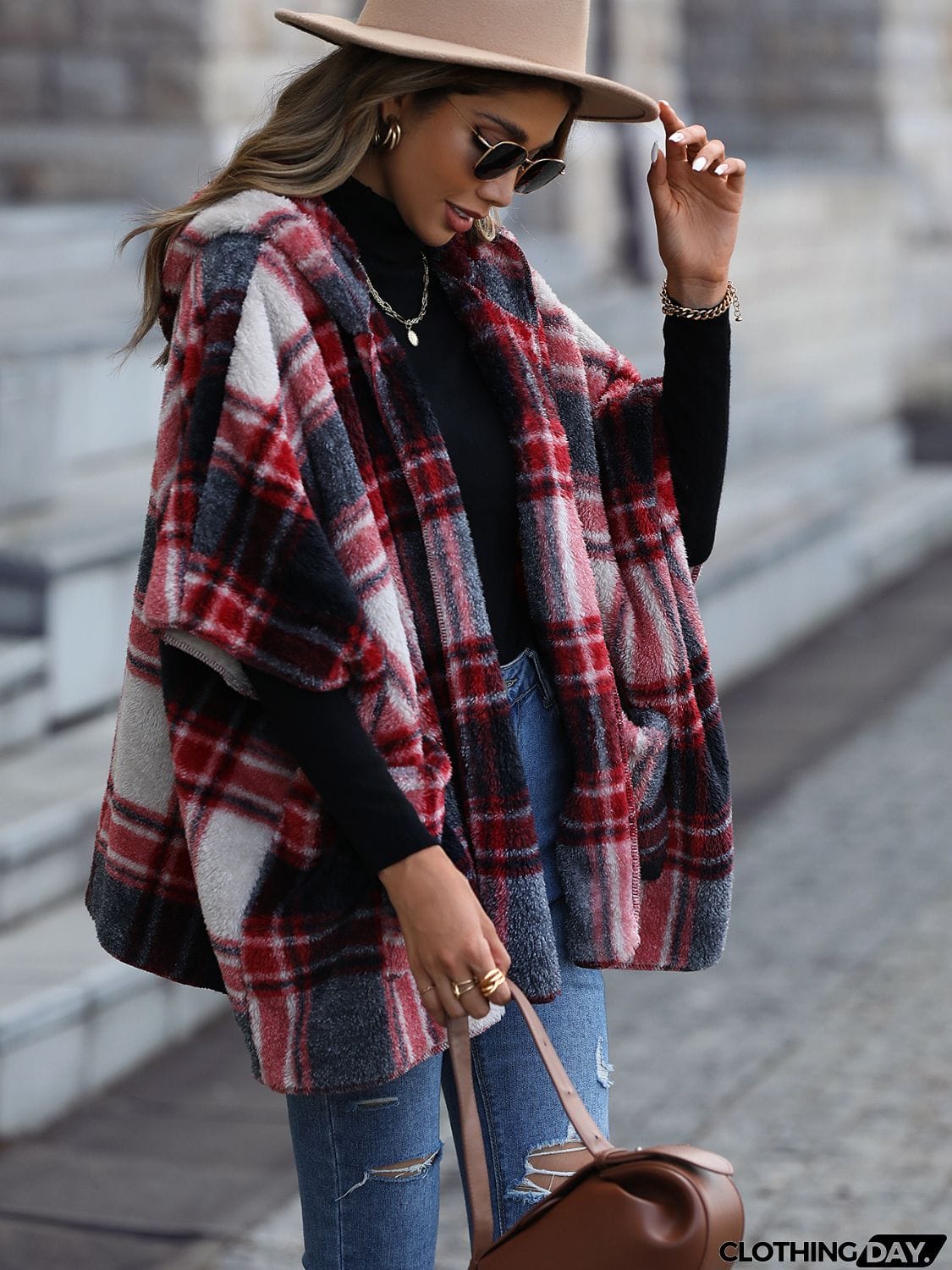 Plaid Hooded Coat with Pockets