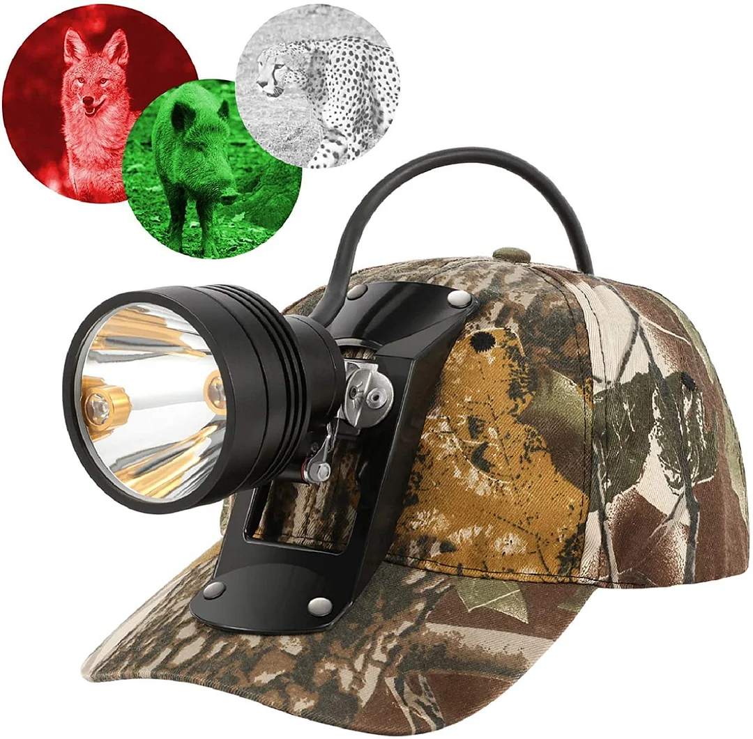 GearOZ LED Coyote Hog Coon Hunting Lights, Rechargeable Hunter Headlamp, Waterproof with Soft Camo Cap, 80000 LUX 3 LED Predator Light, 7 Position Switch, Multiple Colors (White Red Green)