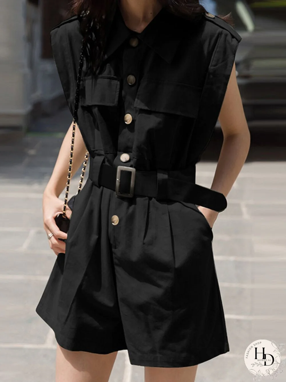 Solid Belt Pocket Button Lapel Short Sleeve Cargo Romper