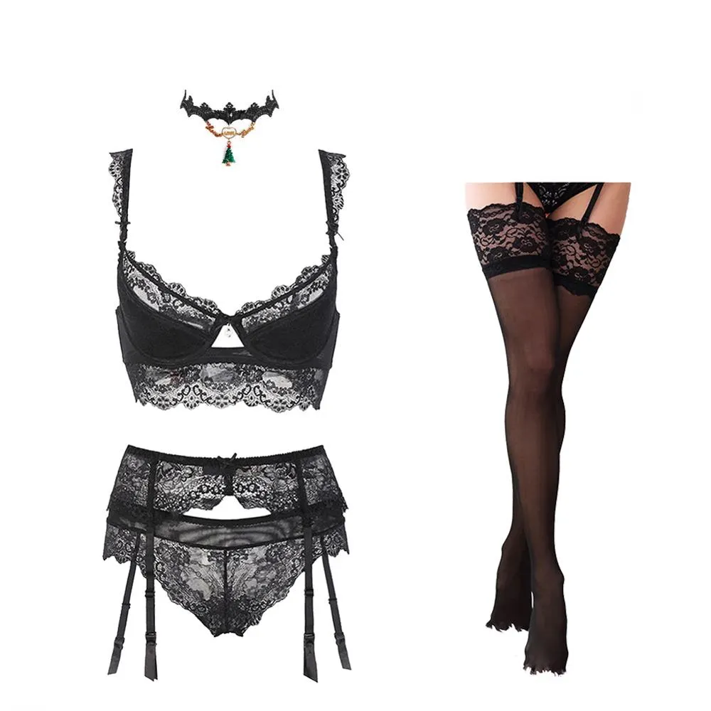 Varsbaby sexy lace push up bra sets bra+panties+garter+stockings+necklace Christmas 5 Pcs/Lots