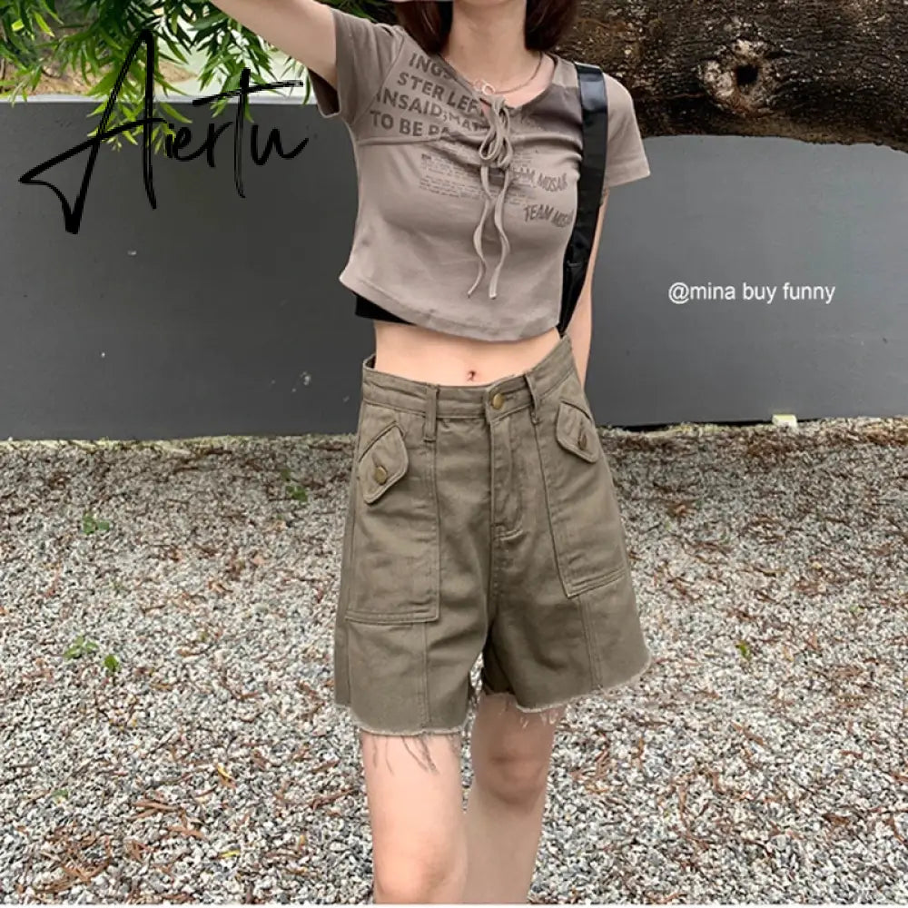 Khaki Women's Cargo Denim Short Pants High Waist Wide Leg American Streetwear Summer Vintage Casual Baggy Straight Cargo Trouser Aiertu