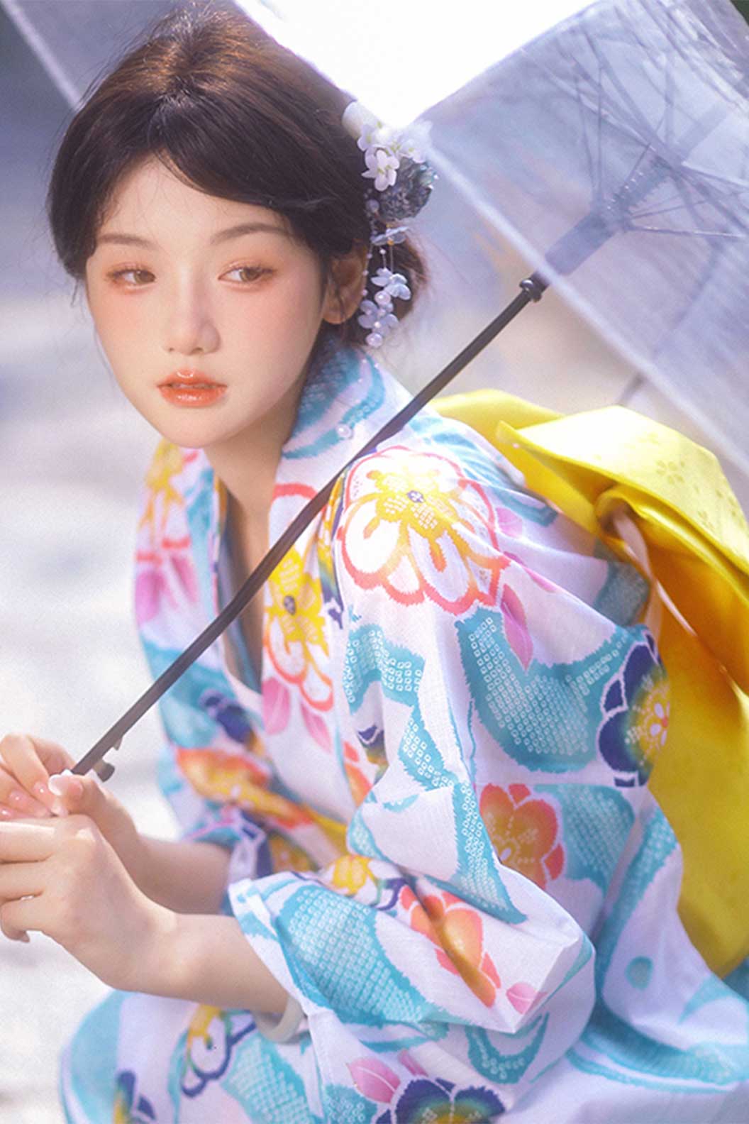 Yukata Kimono with Blue Water Wave Pattern and Cherry Blossoms - てんじんまつり Stupa Stones