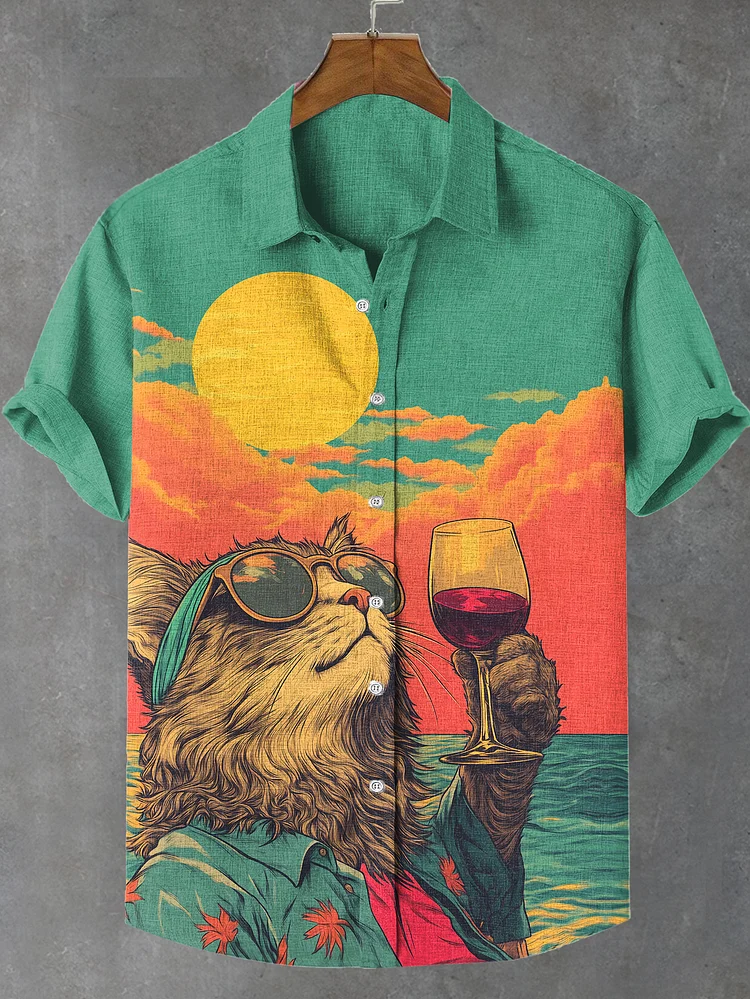 Men's Cheers Red Wine Cat Seaside Art Print Shirt