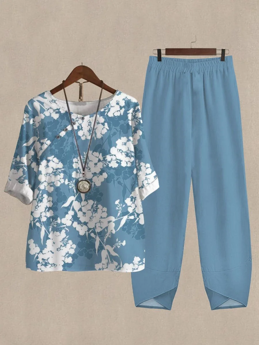 Botanical Floral Print Casual Two-piece Suits