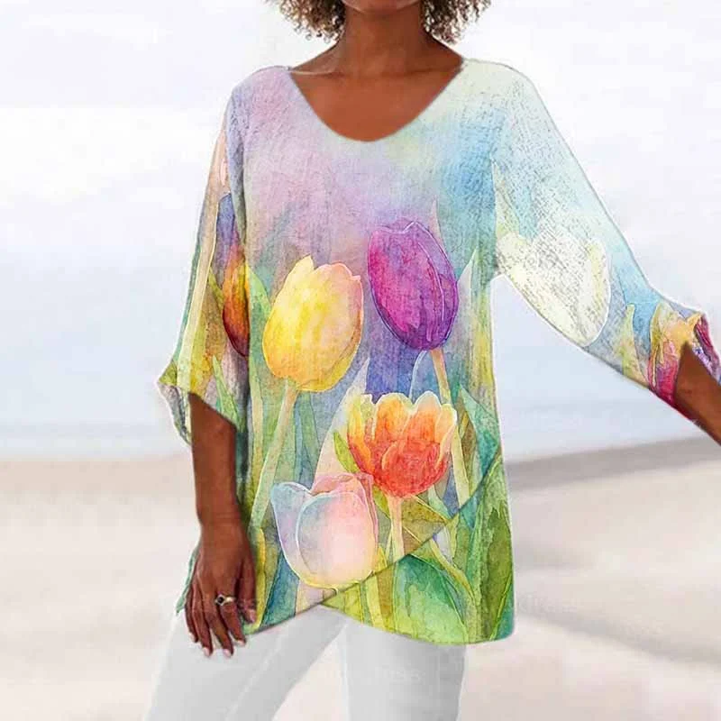 Tulip Painting Printed Long Sleeve Tops