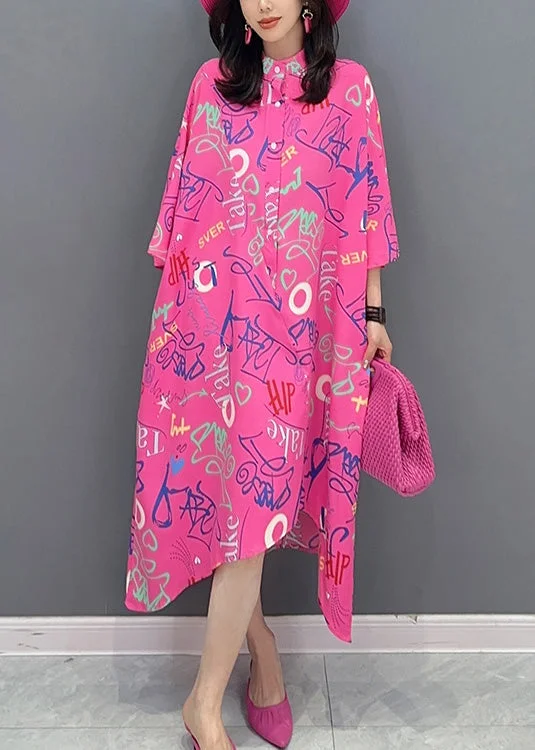 5.29Vogue Red Asymmetrical Graphic Print Button Maxi Shirts Dress Long Sleeve