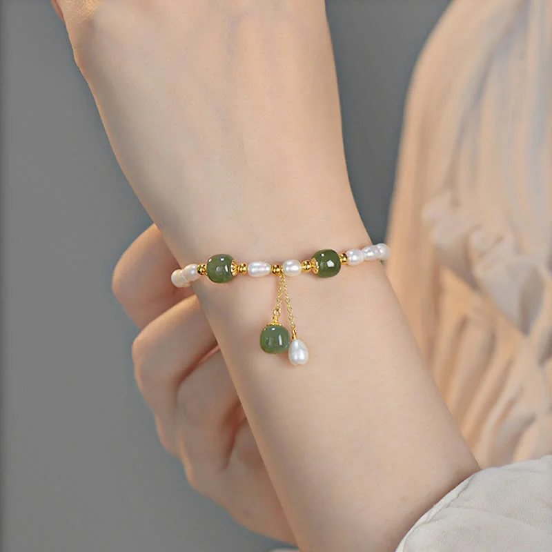 925 Sterling Silver Natural Pearl Hetian Jade Healing Bracelet