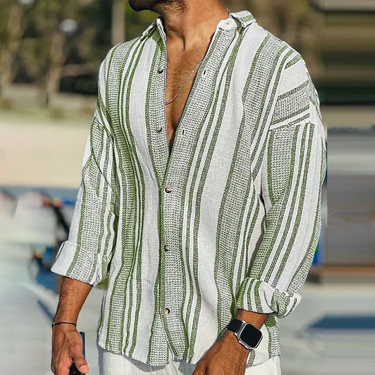Men's Casual Striped Pattern Lapel Collar Long Sleeve Shirt
