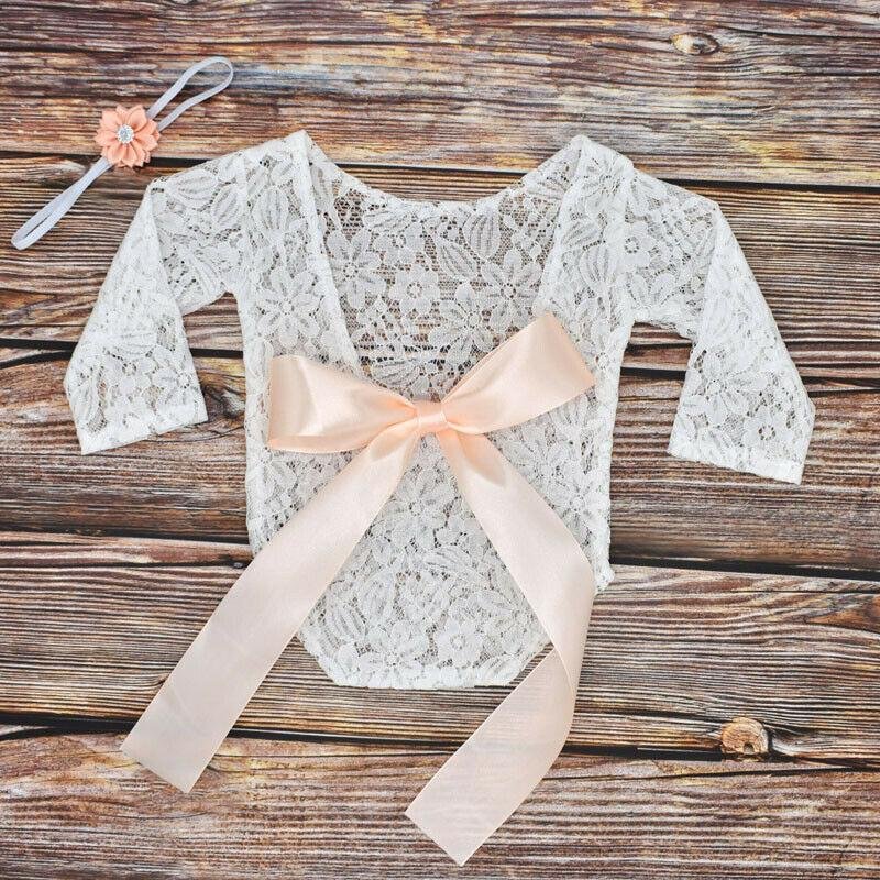 2019 Baby Accessories Newborn Lace Romper Photo Clothing Bow lace Hair Band Set Photography Props Backless Bodysuits +Headband