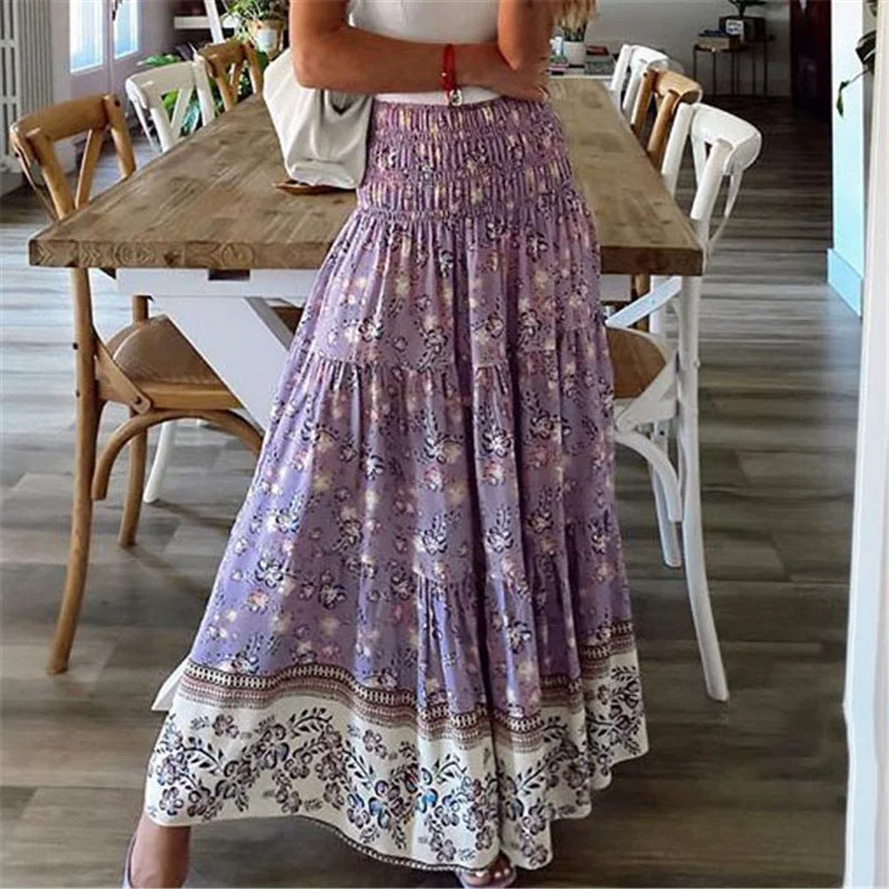 Brownm Printed Polyester Fiber Casual High Waist Long Skirt