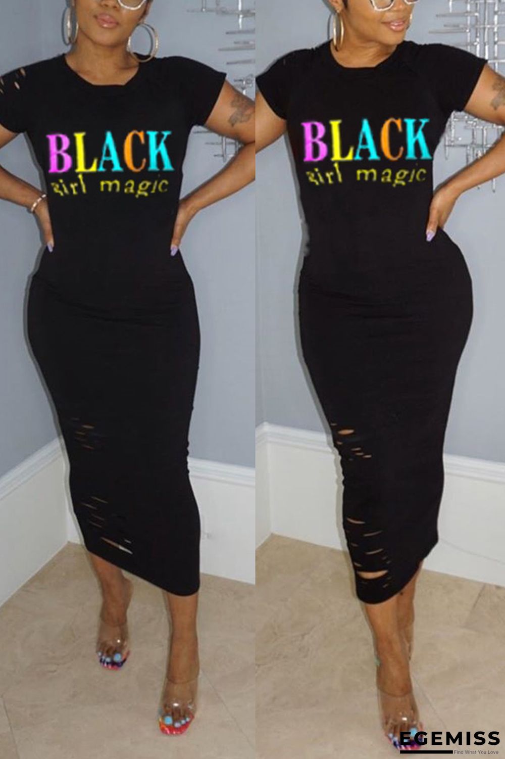 Black Fashion Casual Letter Printed Fitted Dress | EGEMISS