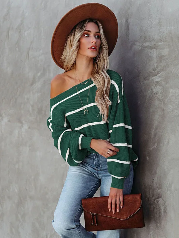 Long Sleeves Striped Off-The-Shoulder Sweater Tops