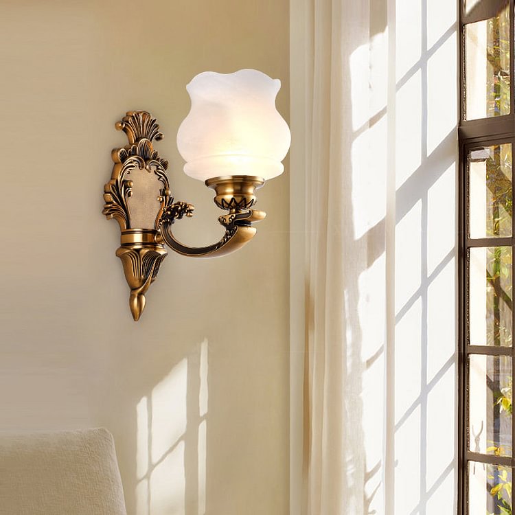 Milky Glass Wall Lighting Fixture Petal Shade 1/2-Light Traditional Stylish Wall Mount Lamp in Brass