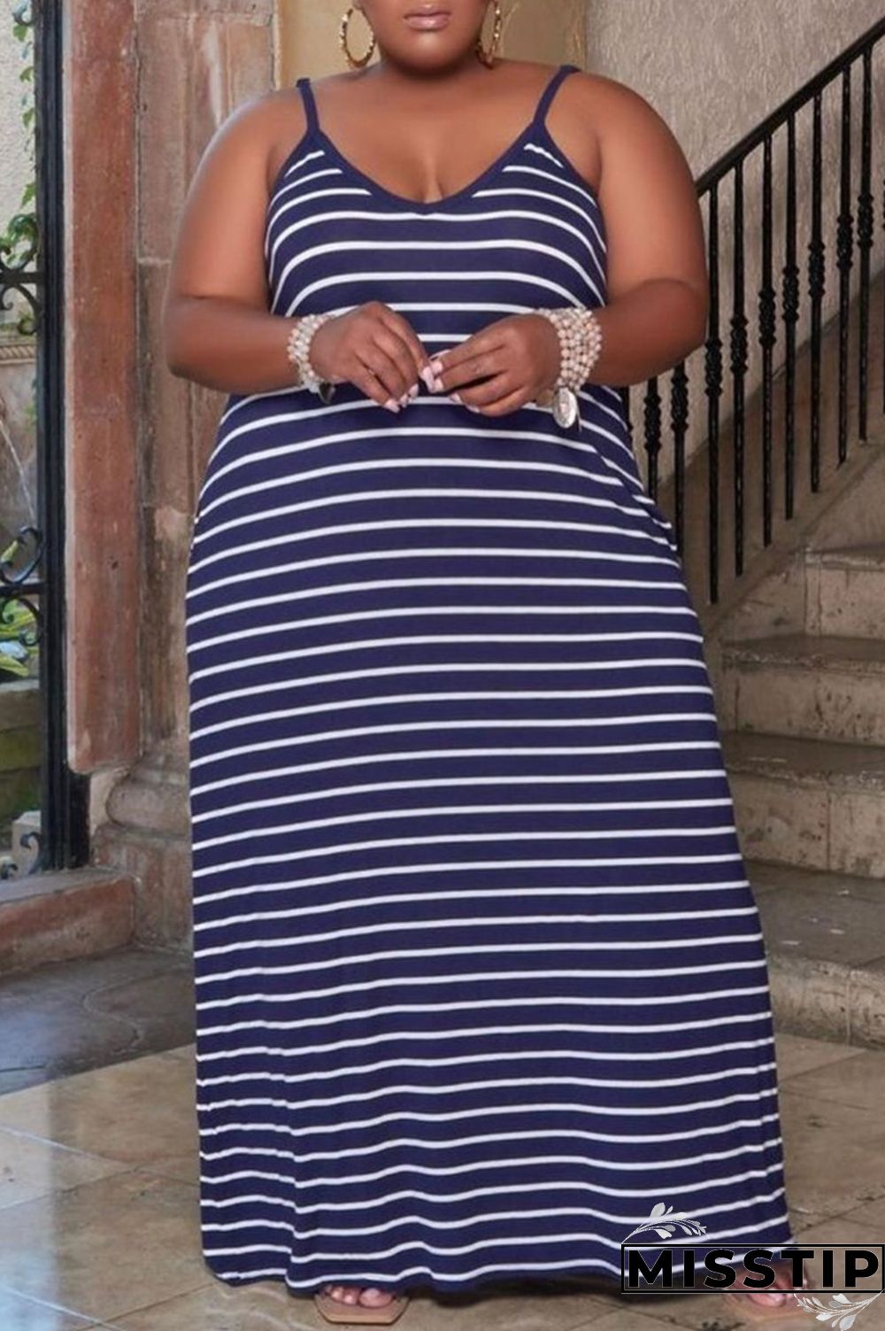 Deep Blue Sexy Casual Striped Print Basic Spaghetti Strap Long Dress Plus Size Dresses