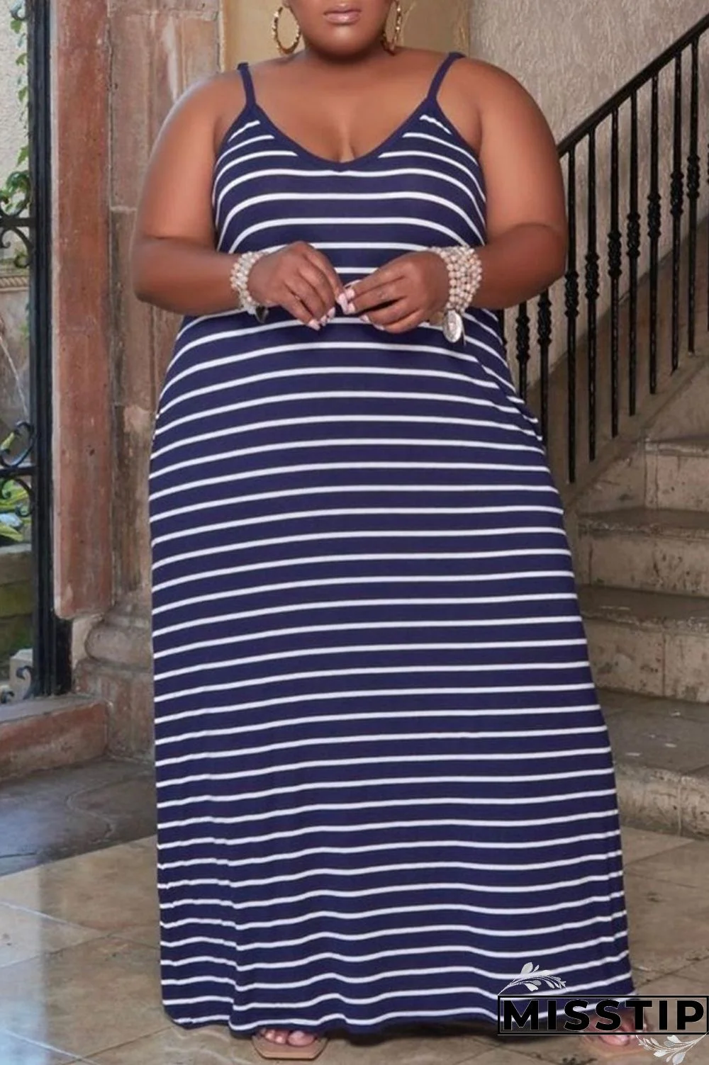 Deep Blue Sexy Casual Striped Print Basic Spaghetti Strap Long Dress Plus Size Dresses